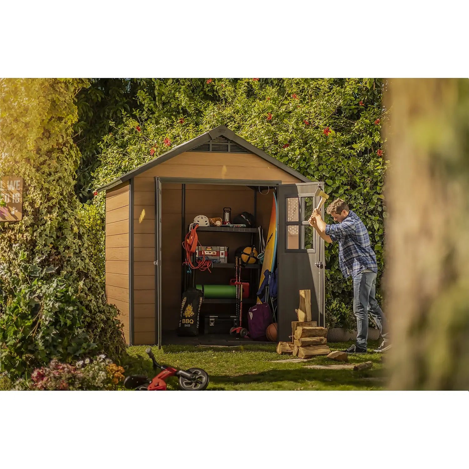 Keter Newton 7 x 7 ft Resin Storage Shed – Double Door Apex Roof Outdoor Plastic Shed