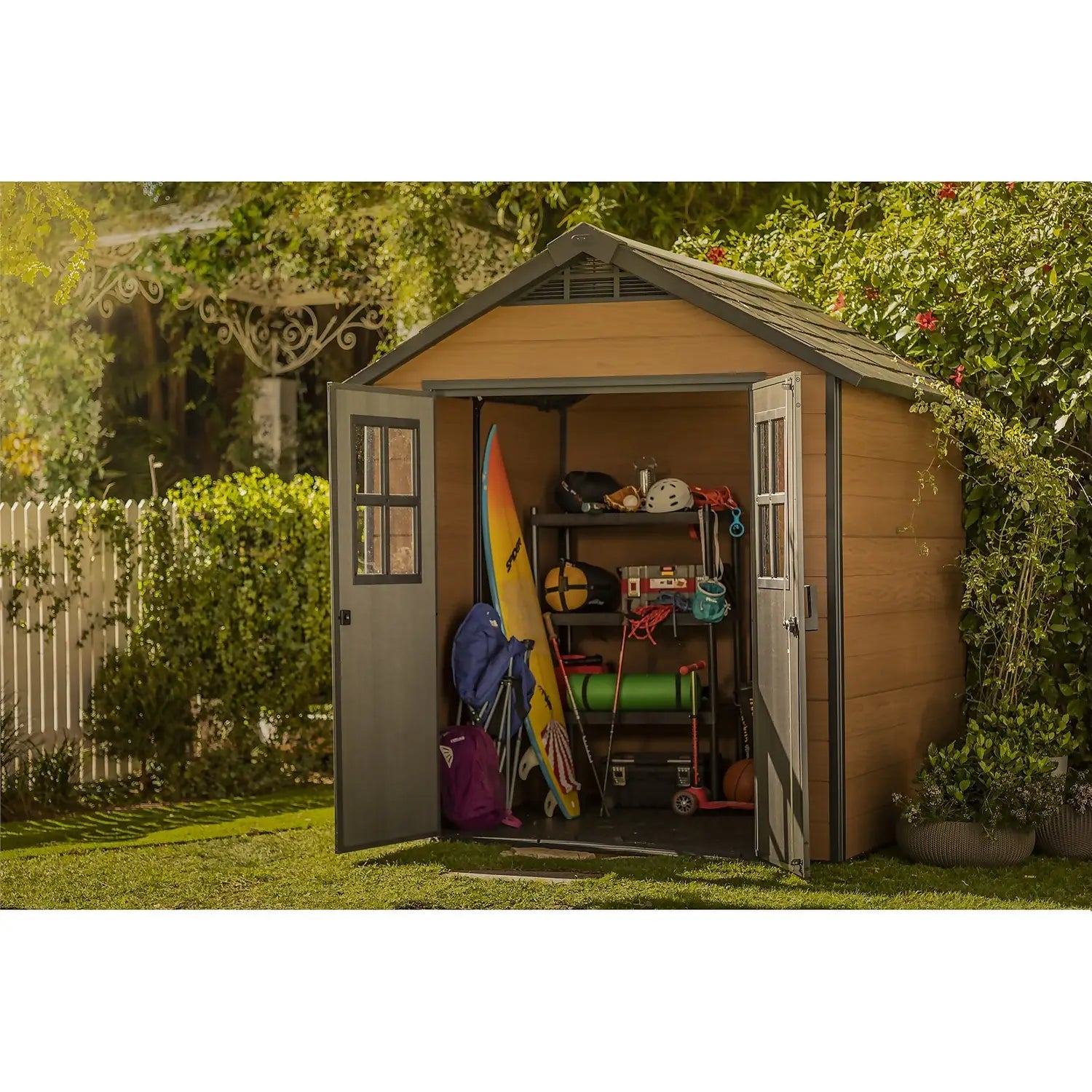 Keter Newton 7 x 7 ft Resin Storage Shed – Double Door Apex Roof Outdoor Plastic Shed