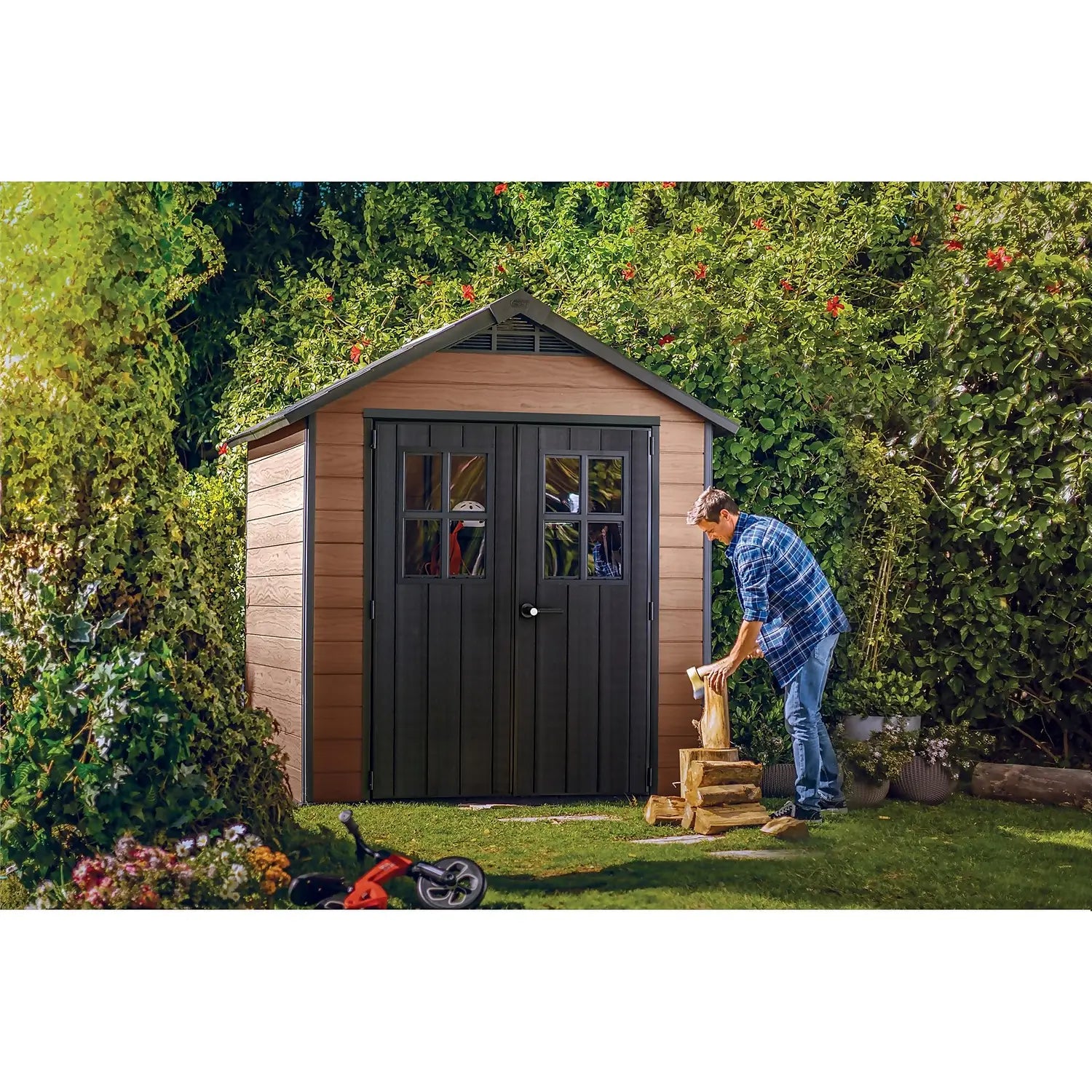 Keter Newton 7 x 7 ft Resin Storage Shed – Double Door Apex Roof Outdoor Plastic Shed