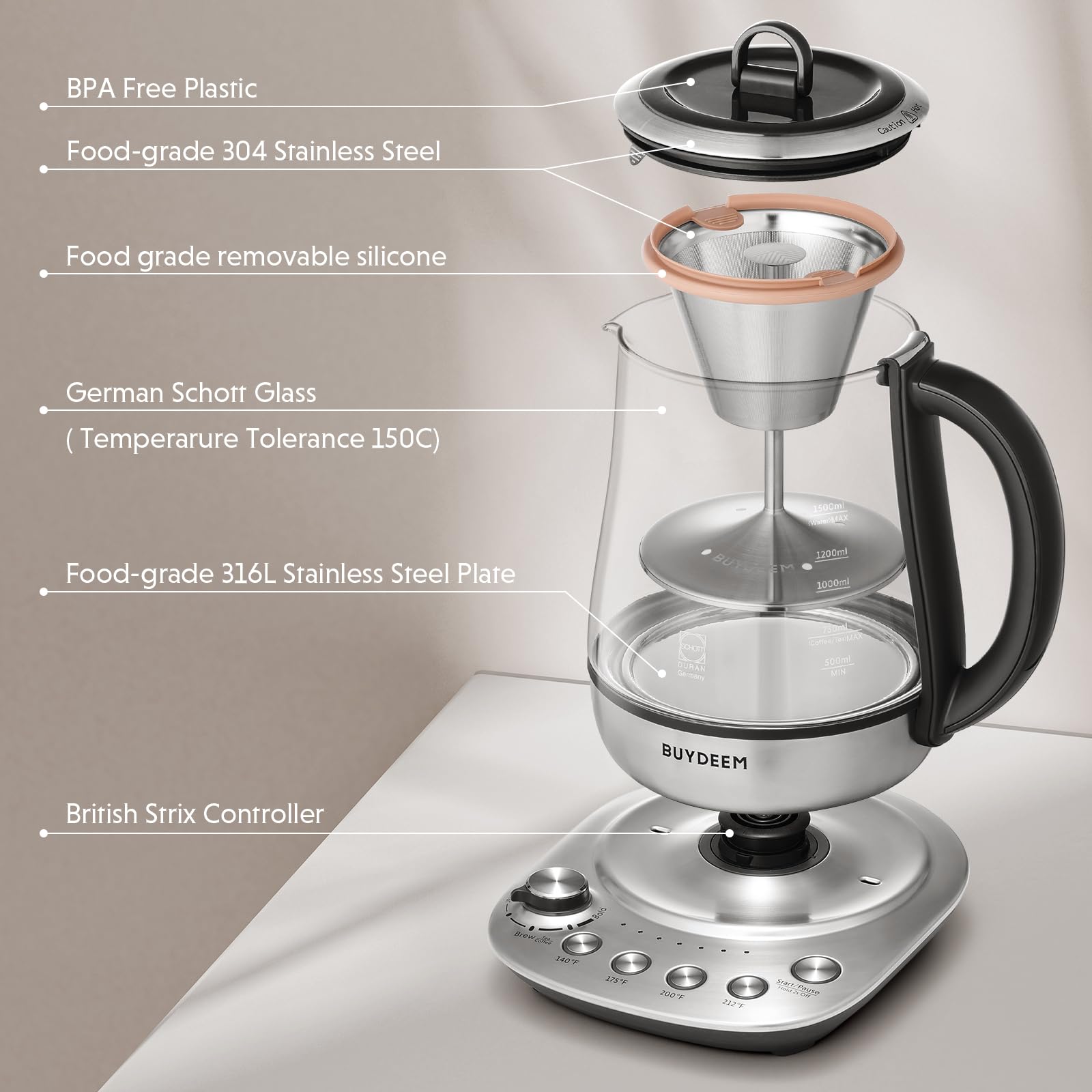 K176 Tea Maker, Multifunctional Stainless Steel Electric Kettle