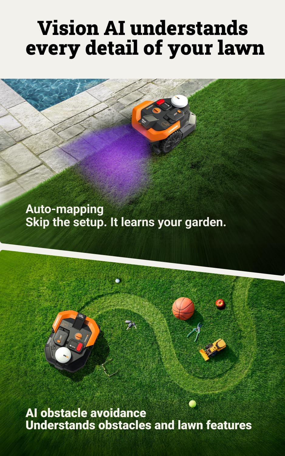 WORX Landroid Vision Cloud WR303E 2WD Robot Lawn Mower – Wire-Free AI Vision Robotic Mower with App Control