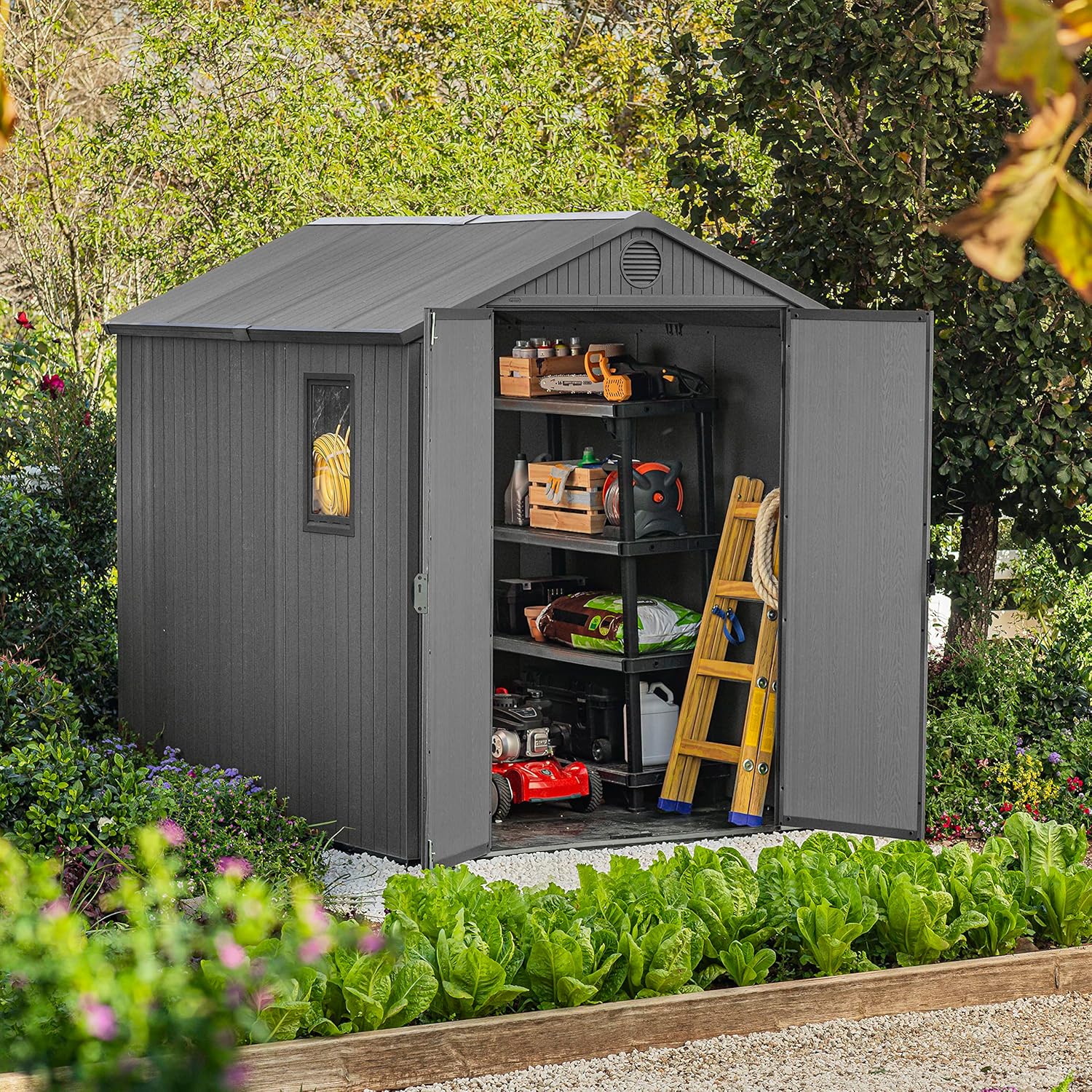 6 x 8 ft Outdoor Resin Storage Shed with Double Doors, Window & Heavy-Duty Floor – Plastic Garden Shed
