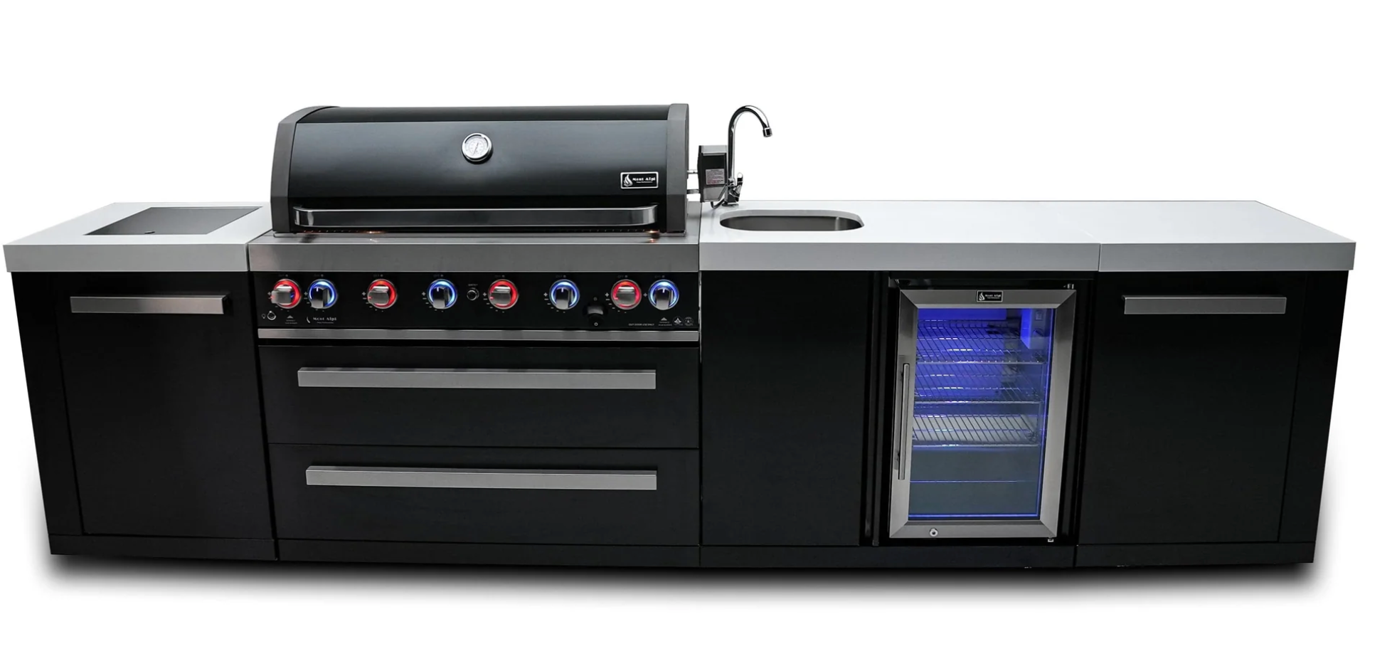 Mont Alpi 805 Black Stainless Outdoor Kitchen Island with Beverage Centre – 6-Burner Grill, Sink & Fridge