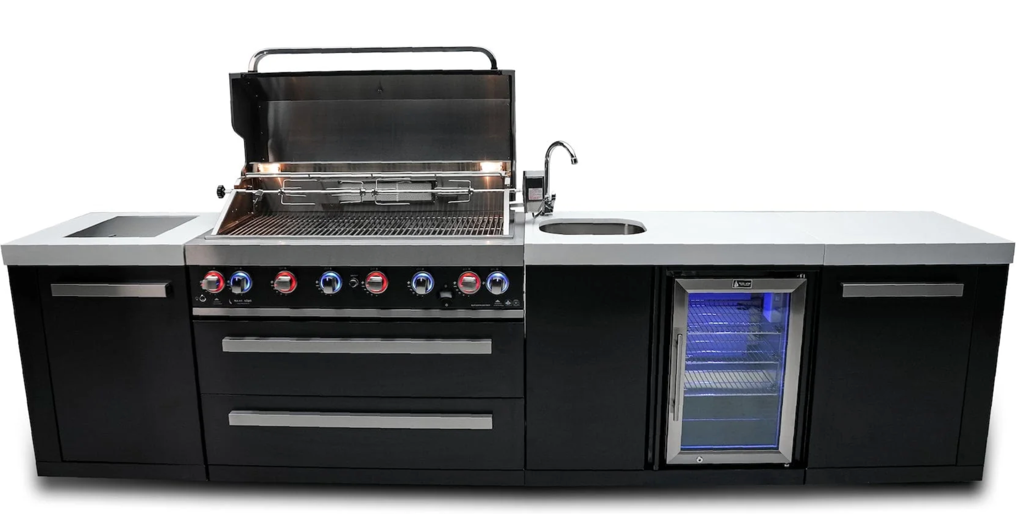 Mont Alpi 805 Black Stainless Outdoor Kitchen Island with Beverage Centre – 6-Burner Grill, Sink & Fridge