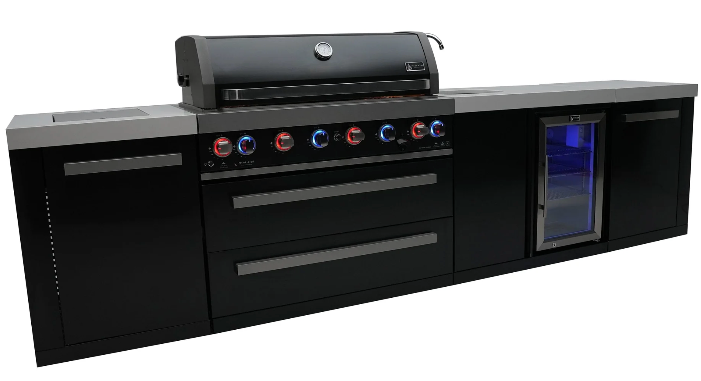 Mont Alpi 805 Black Stainless Outdoor Kitchen Island with Beverage Centre – 6-Burner Grill, Sink & Fridge